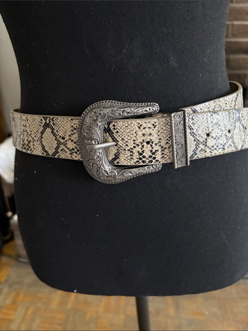 Snake Print Western Buckle Belt in Beige and Black